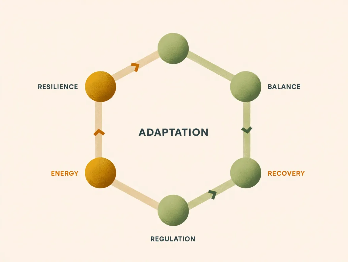 Schematische weergave van de adaptogene cyclus met zes verbonden fasen: adaptatie, balans, herstel, regulatie, energie en veerkracht
