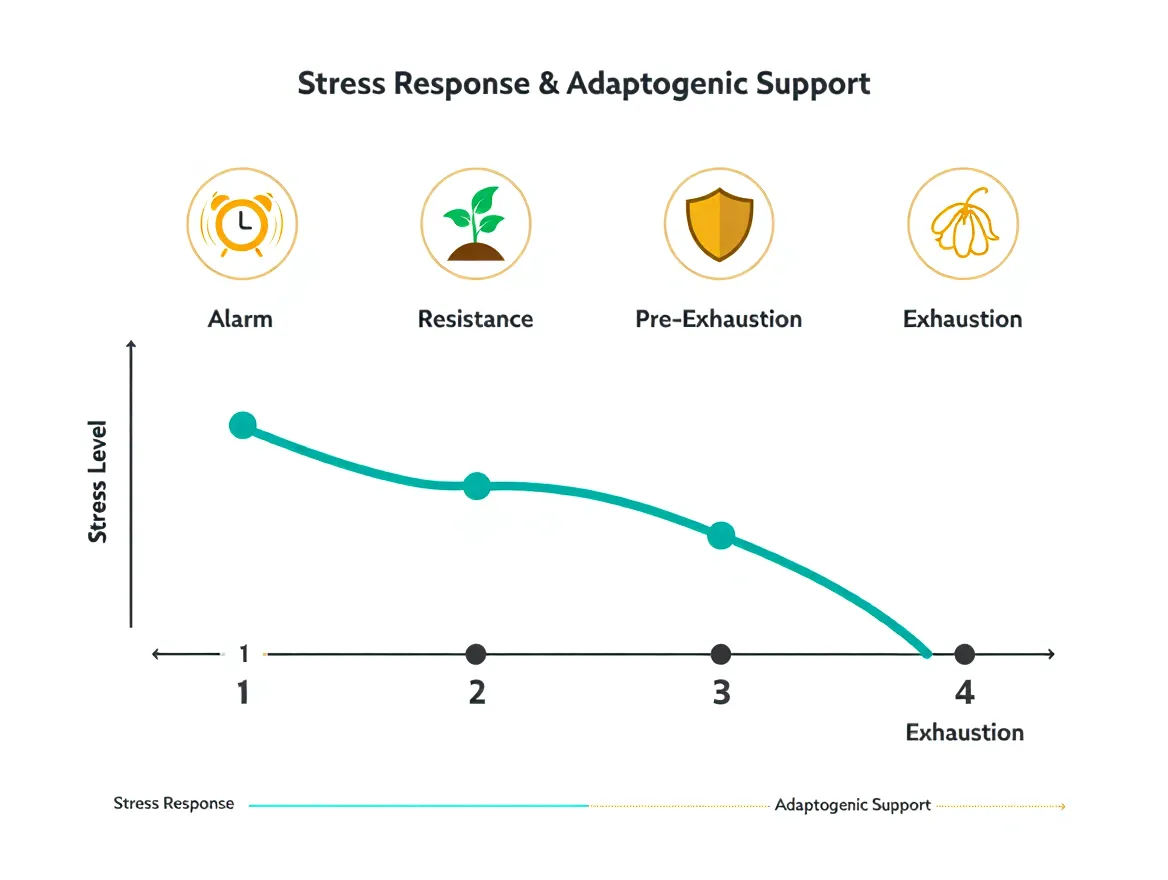 Synergiediagram met vijf adaptogene stoffen verbonden rond een centraal synergiepunt: Ashwagandha, Rhodiola, Eleutherococcus, Schisandra en Reishi